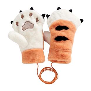 儿童手套冬季加绒加厚可爱熊掌连指男孩女孩中大童挂脖男女童保暖