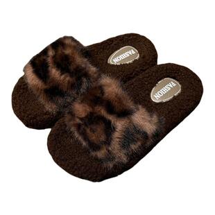 Michelle Girl豹纹毛毛拖鞋女秋冬外穿2024新爆款网红平底毛绒