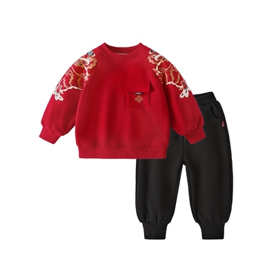 [抗菌锁温]套装男童卫衣加绒裤子两件套红色新款保暖宝宝加厚冬装
