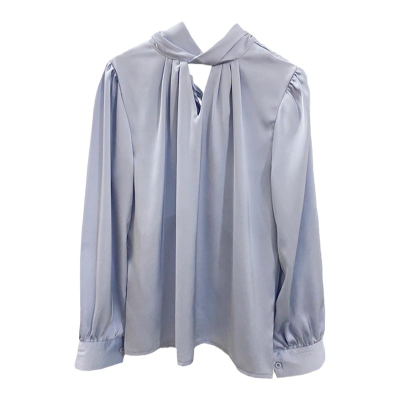 法式高级感缎面衬衫女设计感小众气质春秋打底长袖上衣醋酸衬衣蓝