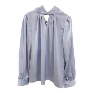 法式高级感缎面衬衫女设计感小众气质春秋打底长袖上衣醋酸衬衣蓝