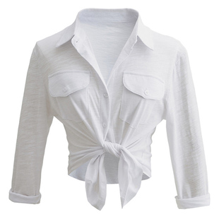 【包邮】纯欲辣妹长袖衬衫女秋季新款POLO领白色上衣露脐衬衣潮