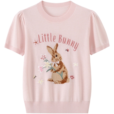 新品-BANANA BABY2026年夏季新款小兔提花刺绣泡泡袖套头针织衫女