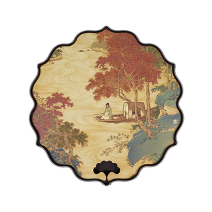 禧乐长安中式茶盘复古莲花器型高端功夫茶具四联画山水禅意茶托盘