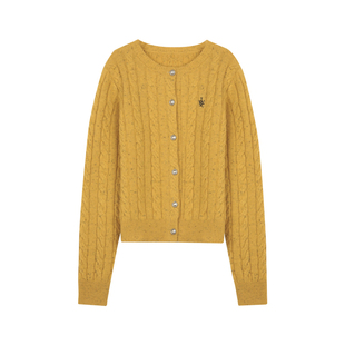 BLUEerror 全羊毛慵懒蓝色绞花毛衣开衫女软糯圆领针织衫秋冬保暖