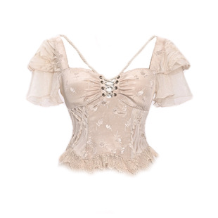 血液供给原创◆破碎芭蕾 宫廷飞飞袖提花绑带蕾丝鱼骨修身上衣夏