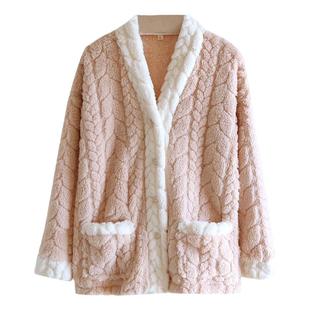 冬季单件上衣女加厚法兰绒保暖珊瑚绒加绒简约纯色开衫长袖睡衣