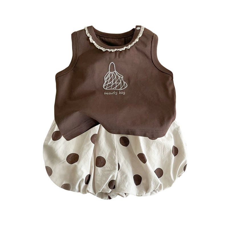女童花边领背心上衣花苞短裤套装