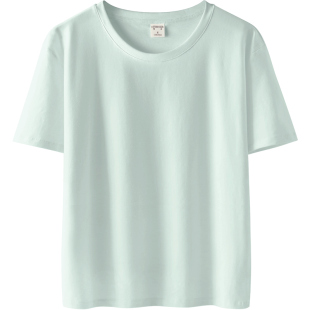 浅绿色短袖女宽松显瘦简约休闲纯色t恤棉质大码女装小圆领体恤夏