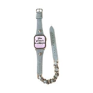 适用于iWatch78代牛仔帆布双圈金属链条表带苹果S11S10987手表带