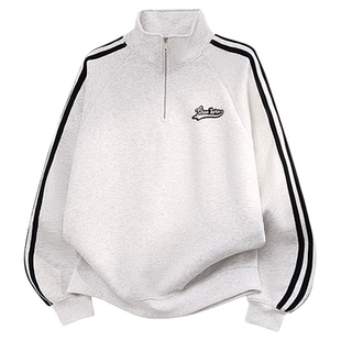 美式复古三杠条纹半拉链加绒卫衣男女秋冬加厚宽松运动学生外套潮