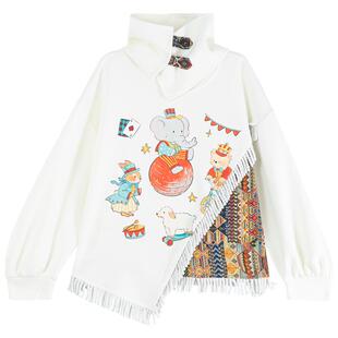 KEIKO 花漾新年白色精梳棉卫衣2026春季中国风独特马戏团印花上衣