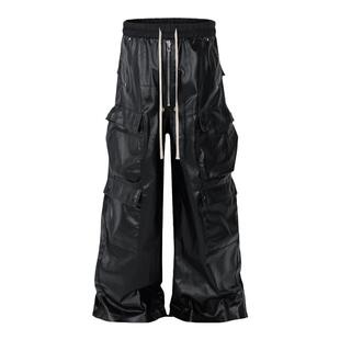 BTSG美式复古RO风亮面涂层多口袋抽绳宽松阔腿拖地工装皮裤休闲裤