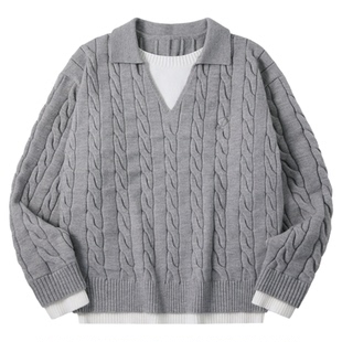 PSO Brand男装女装【假两件】极简RL风V领刺绣撞色宽松毛衣外套