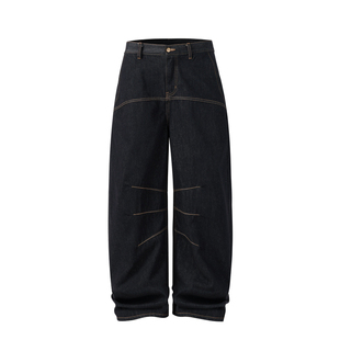 NOVACAM 美式重磅竹节纹原浆弯刀版型baggy黑色原牛阔腿牛仔裤