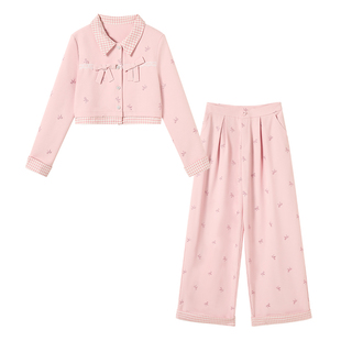 织物猪 巴黎甜心 甜美风粉色休闲套装女春季短款外套高腰阔腿长裤