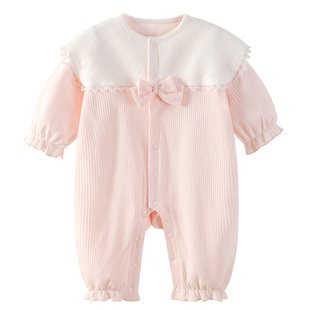 钟情婴儿衣服秋装女宝哈衣连体衣满月百天蝴蝶结花边公主外出爬服