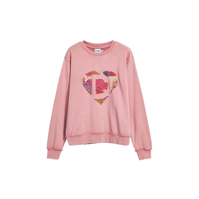 Desigual25秋冬新品爱心logo刺绣装饰圆领粉色女士卫衣