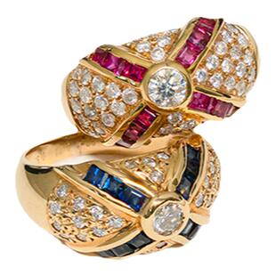 太府珠宝18K金镶嵌天然蓝宝石红宝石钻石戒指复古风格精品彩宝戒