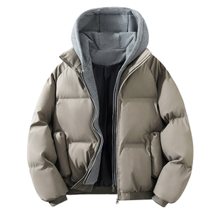 假两件PU皮高品质短款棉衣棉服袄男女外套加肥加大码潮胖宽松冬装