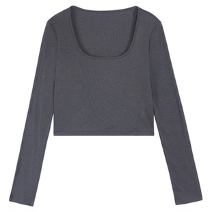 NEVA HU 简约主义 方领长袖T恤女夏季薄款防晒衣宽松短款针织上衣