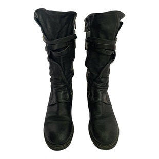 复古暗黑中古堆堆靴女皮带扣绑带中筒骑士靴粗跟马丁靴AS98机车靴