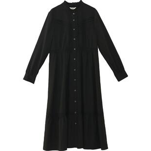 it'real瑞尔春新款花边立领连衣裙女长袖黑色木耳领显瘦中长裙