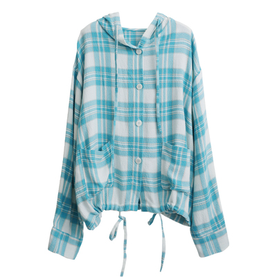 花吉格子条纹连帽长袖宽松衬衫