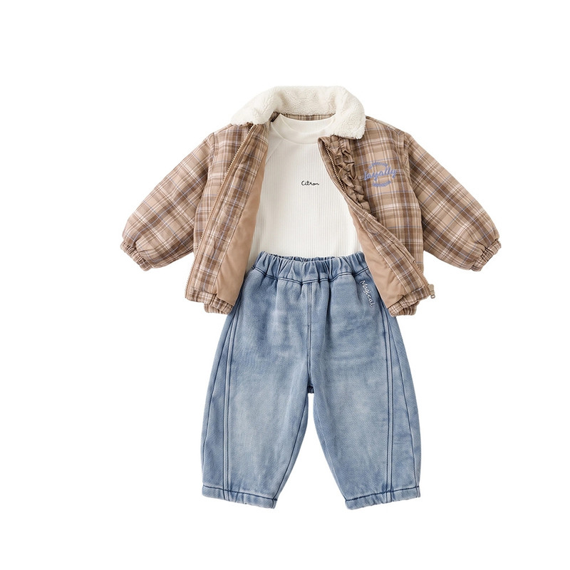 韩式冬季女童格子棉服牛仔裤套装