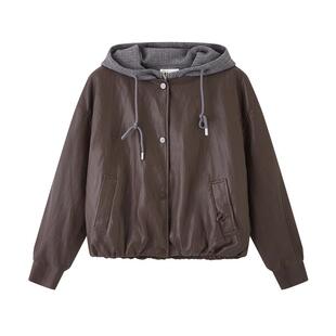 三福外套2026新款春季针织连帽松紧摆假两件PU皮衣夹克女装515423