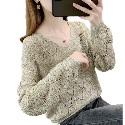 针织毛衣套头V领外搭镂空