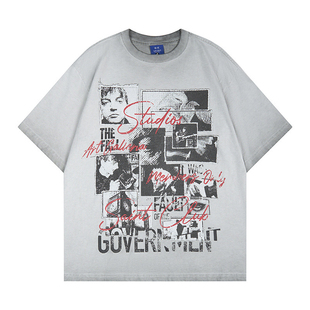 美式重磅纯棉oversized短袖T恤男女宽松做旧人物印花圆领T-shirt