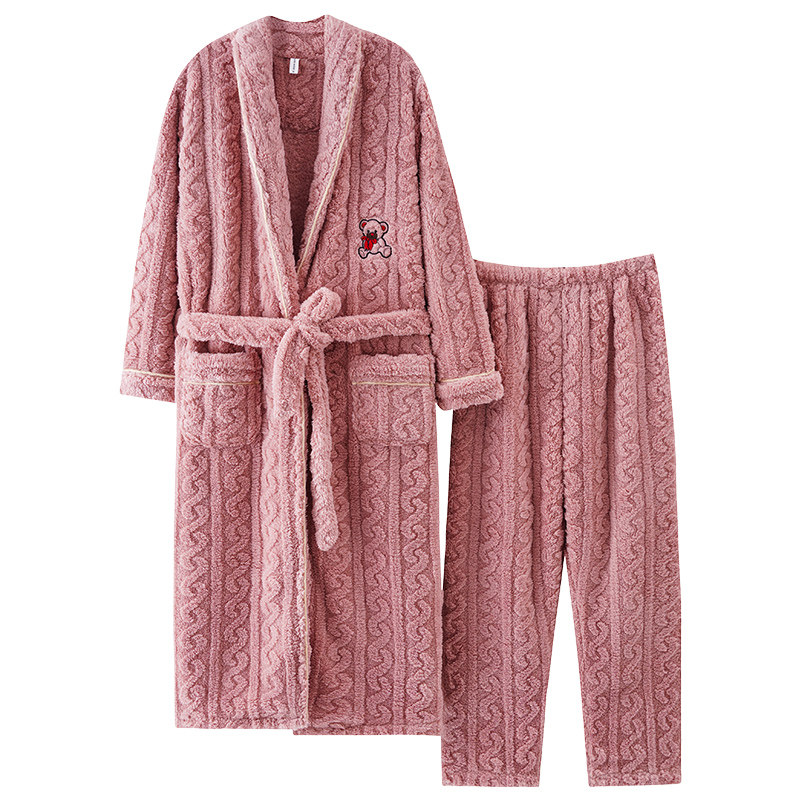 睡衣女冬季加绒加厚保暖珊瑚绒法兰绒大码中年妈妈睡袍家居服套装