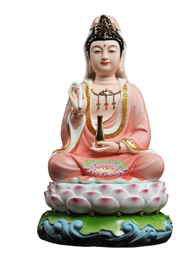 戴玉堂陶瓷摆件《坐莲观音珠光红霞衣彩》观世音菩萨佛像客厅供奉