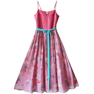 现货【花月无边】新中式复古直领开衫印花拼接吊带连衣裙女夏季装