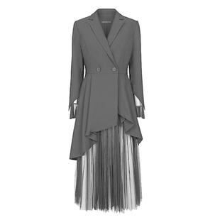 sdeer圣迪奥春装女装西装领外套英伦网纱中长黑色风衣S221Z1701