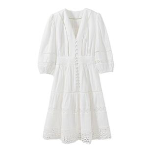 现货【黄玫瑰】镂空钩花 法式度假风v领泡泡袖长款连衣裙茶歇裙女