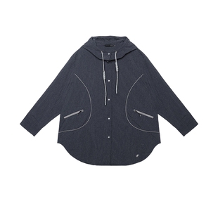 半圆原创女装[运动]2026春宽松休闲轻薄挺括藏青格子衬衫外套女