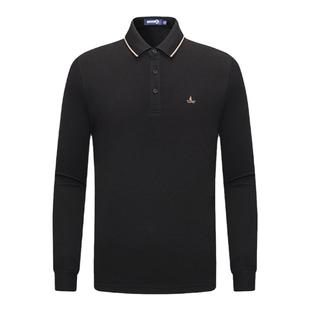 [华夫格]Navigare意大利小帆船春秋长袖polo衫男黑色纯棉翻领t恤