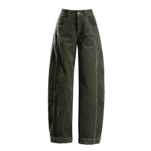 军绿色灯芯绒休闲裤女2025新款秋冬小个子加厚裤子弯刀裤条绒女裤