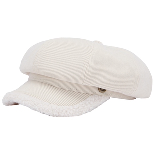 热风女士帽子2025年冬季新款灯芯绒拼接八角帽文艺复古艺术帽子