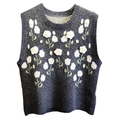 田园立体花朵圆领针织马甲女马夹