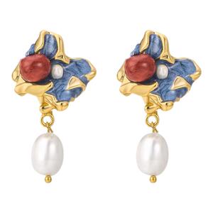 s925银针淡水珍珠复古油画风耳饰女时尚轻奢耳钉新爆款耳环耳丁