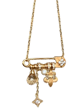 可拆卸金色拉丝鸢尾花星芒黄水晶吊坠别针项链女中古高级感毛衣链