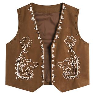 弥古复古刺绣鹿皮绒马甲女背心2025新款秋冬叠穿无袖上衣短款马夹