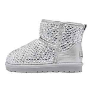 他她童鞋儿童银色棉靴2025冬季新款女童雪地靴防滑加绒水钻保暖靴