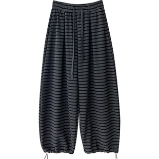 韩系抽绳束脚两穿加绒糯米羊绒阔腿裤女秋冬小波点条纹碎花休闲裤