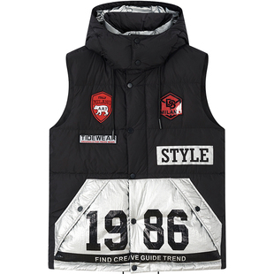 BM男士立领印花银色无袖亮面羽绒服男马甲潮牌修身韩版潮流港风冬