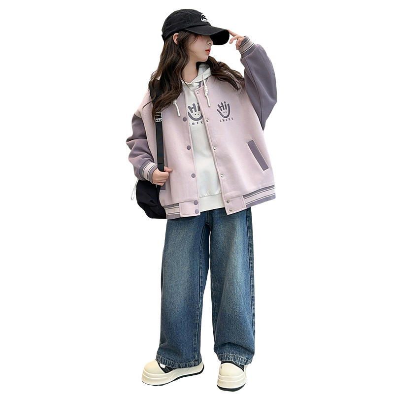 女童春秋套装2025新款洋气时髦女大童棒球服卫衣外套秋冬装三件套