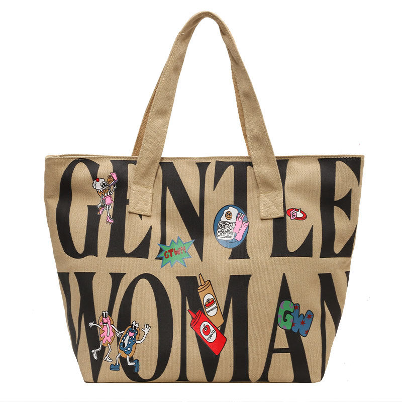 字母帆布包包女大容量2025新款休闲手提布袋学生上课单肩包托特包